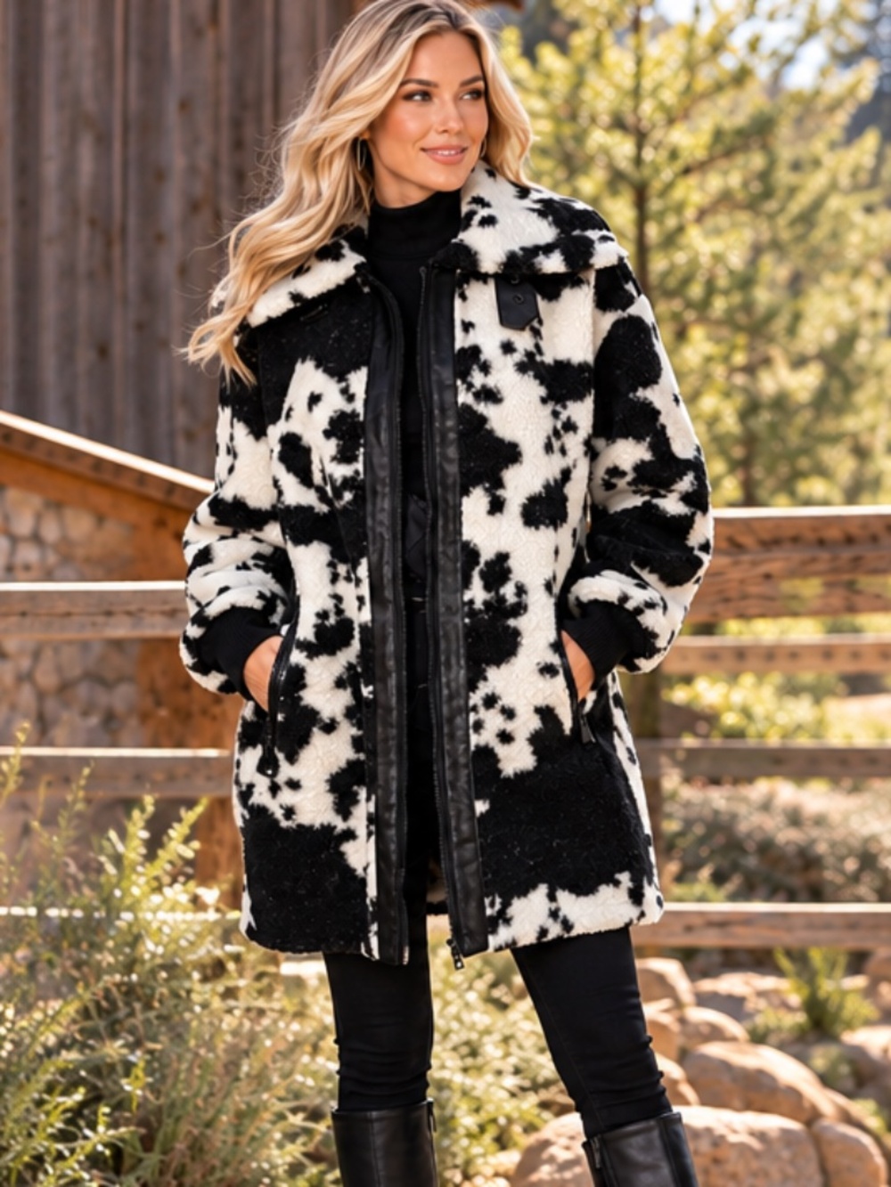 NVLT Berber Cow Print Sherpa Coat Black Cream Size L NWT